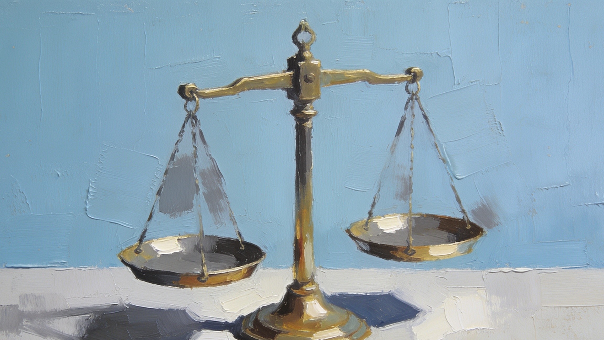 An oil painting of a brass set of balance scales with two empty pans, standing on a pale surface against a light blue wall.