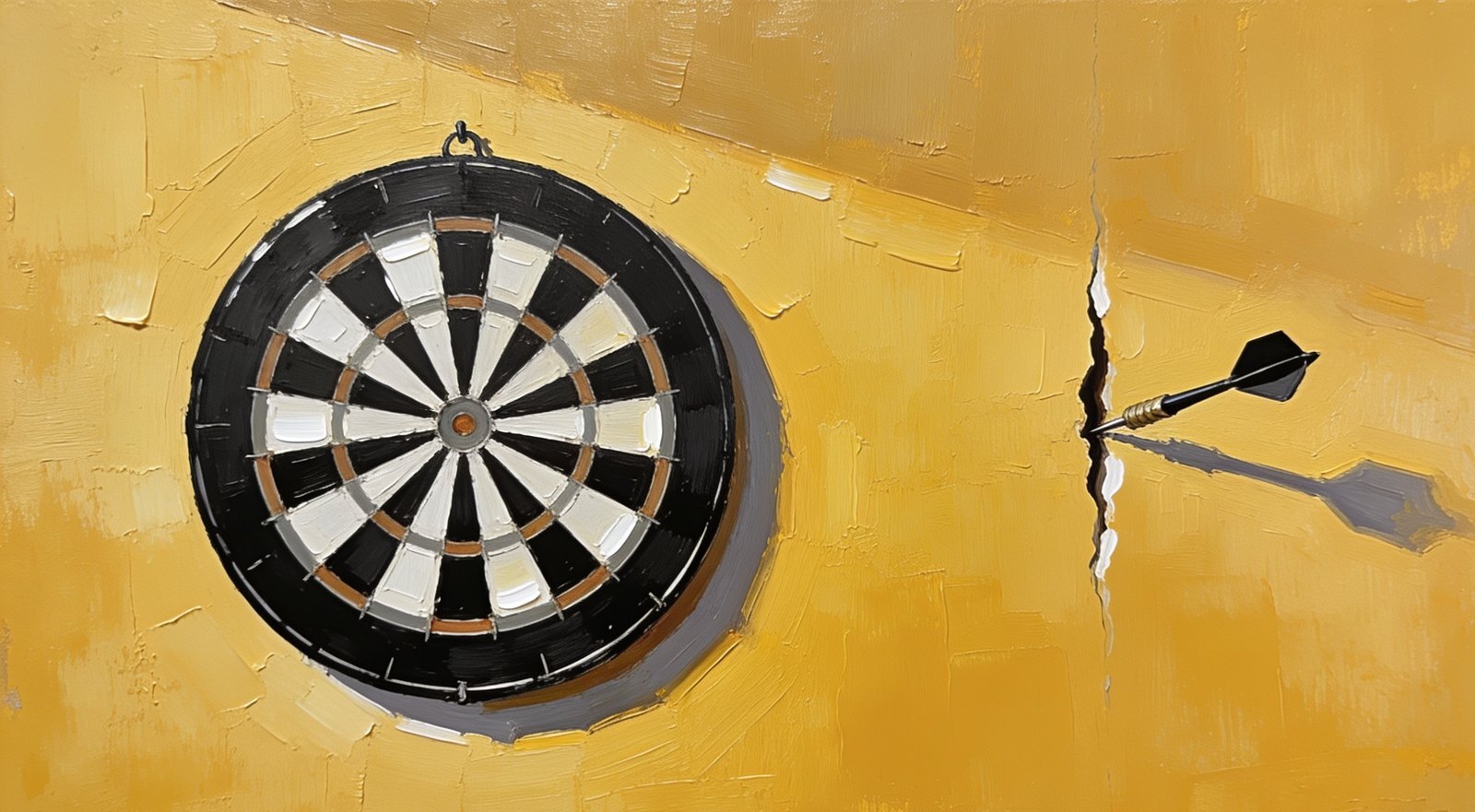 An oil painting of a dartboard on a mustard wall, with a single dart stuck in a crack in the plaster well wide of the board.